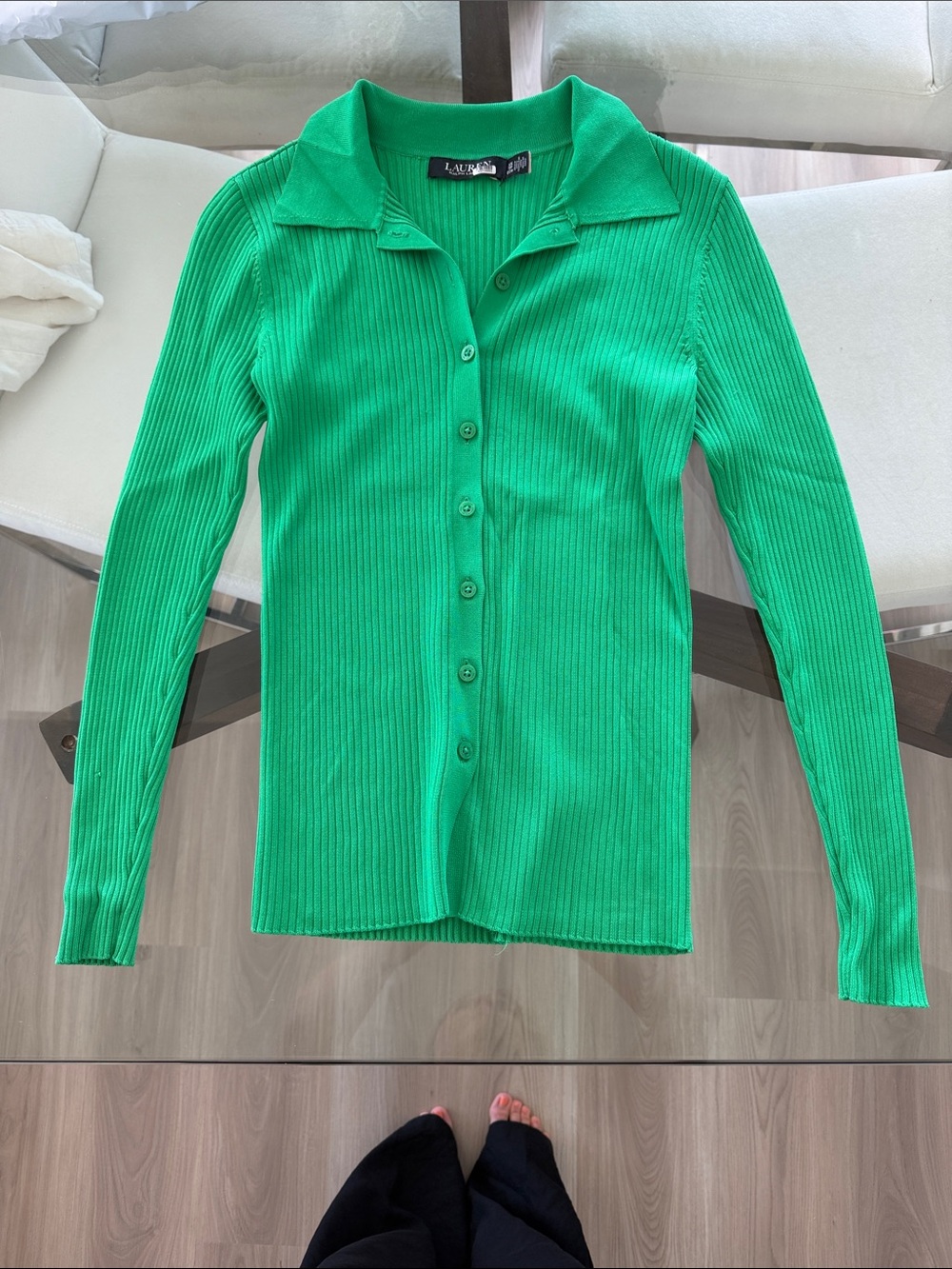 Lauren Ralph Lauren Ribbed Long-Sleeve Button-Up Top Green